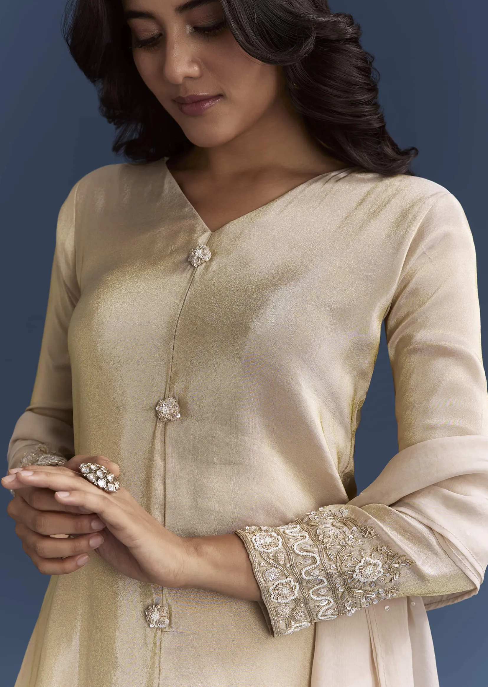 Beige Tissue Kurta Set With Organza Dupatta