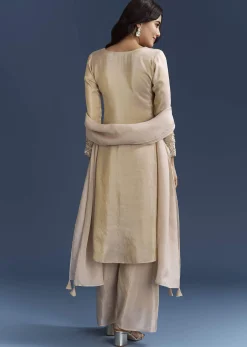 Beige Tissue Kurta Set With Organza Dupatta
