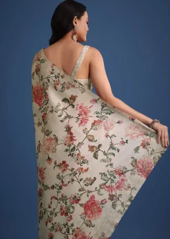 Beige Tissue Muslin Saree With Pitta Work And Digital Print