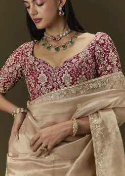 Beige Tissue Saree With Embroidered Brocade Blouse