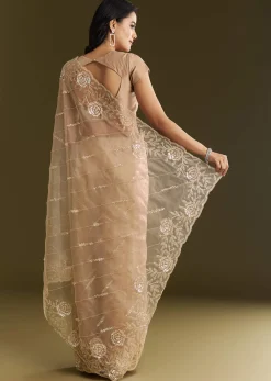 Beige Tissue Saree With Floral Embroidery And Scallop Border
