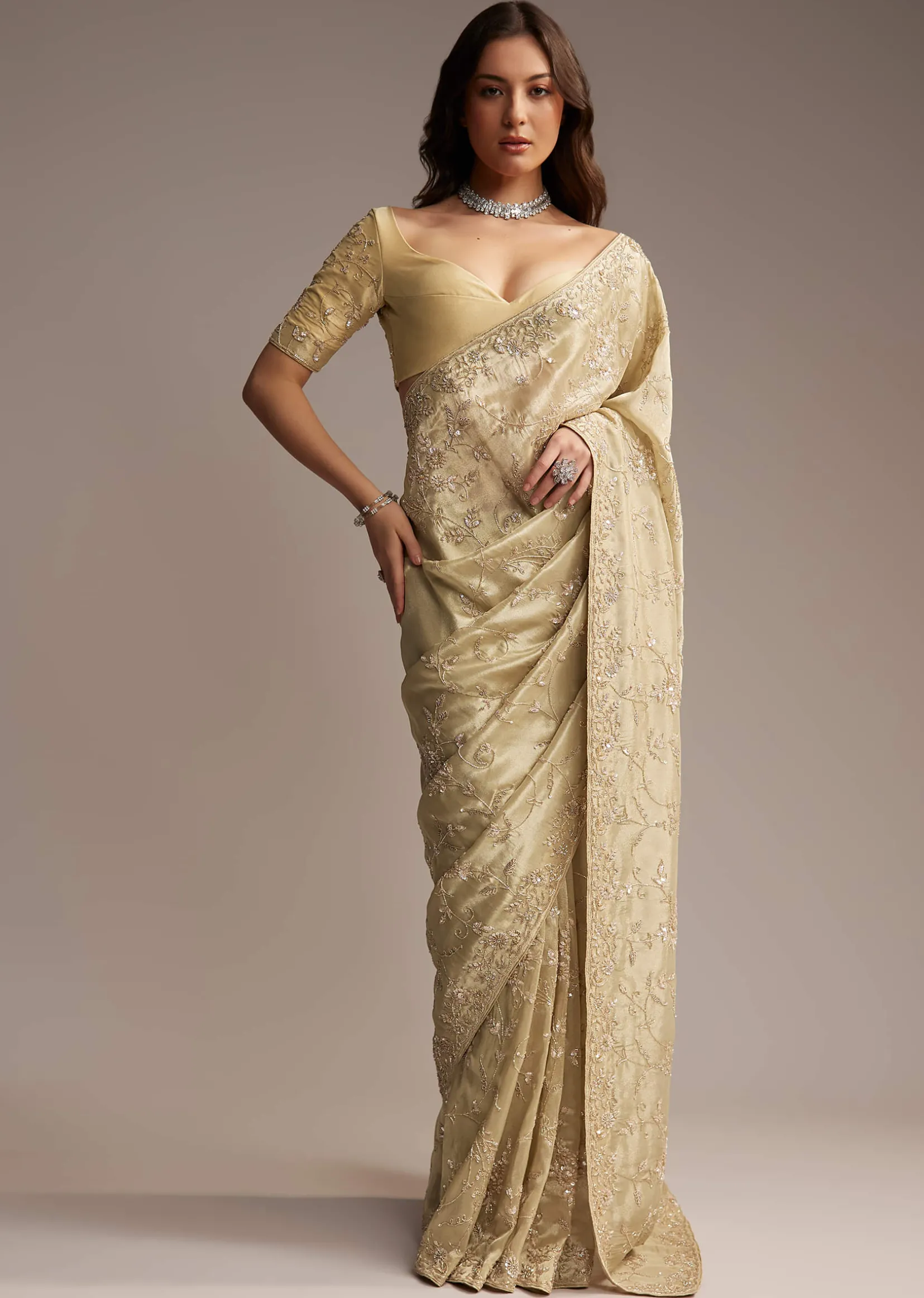 Beige Tissue Saree with Floral and Cutdana Embroidery