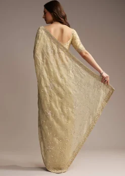 Beige Tissue Saree with Floral and Cutdana Embroidery