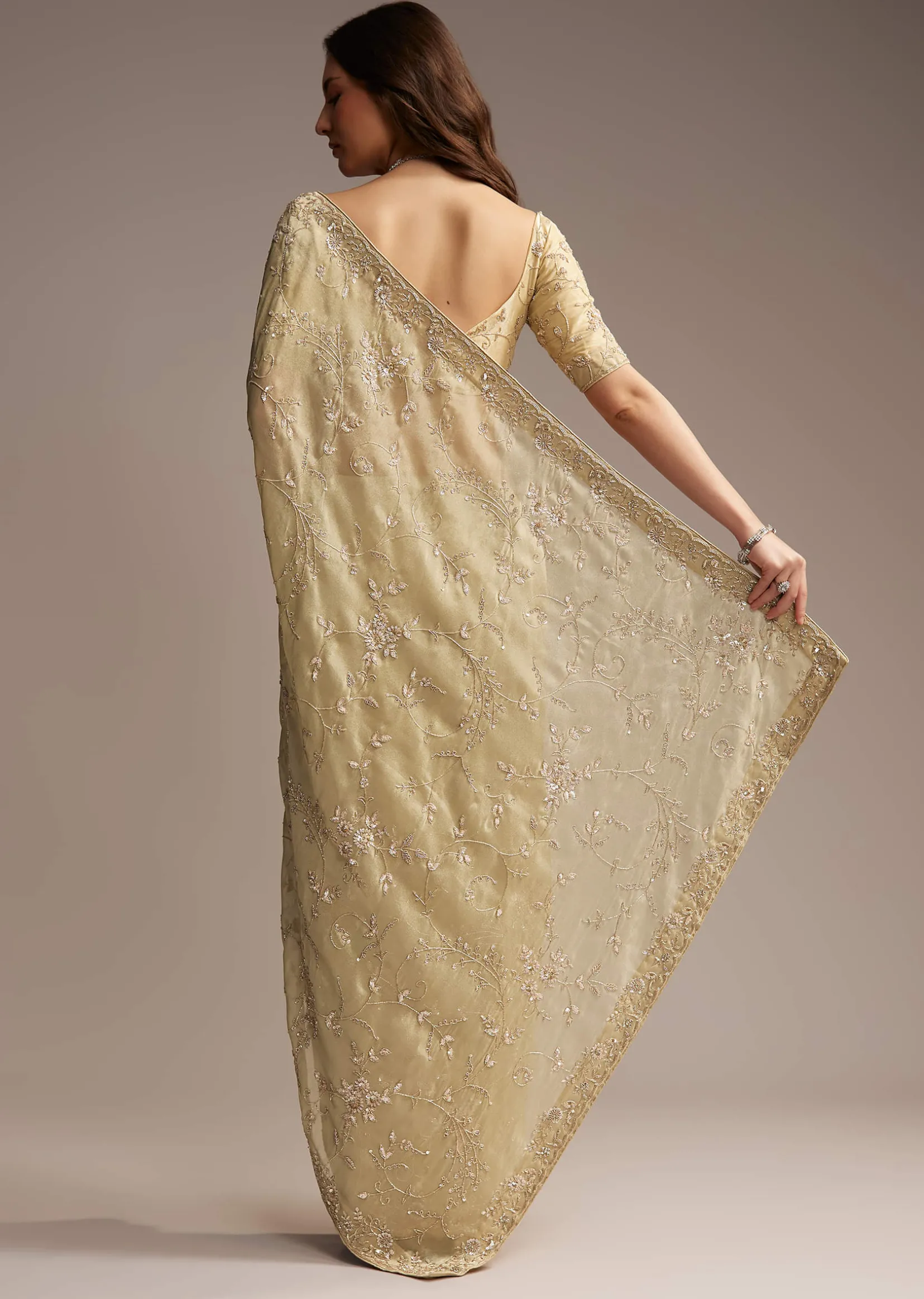 Beige Tissue Saree with Floral and Cutdana Embroidery