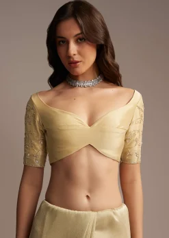 Beige Tissue Saree with Floral and Cutdana Embroidery