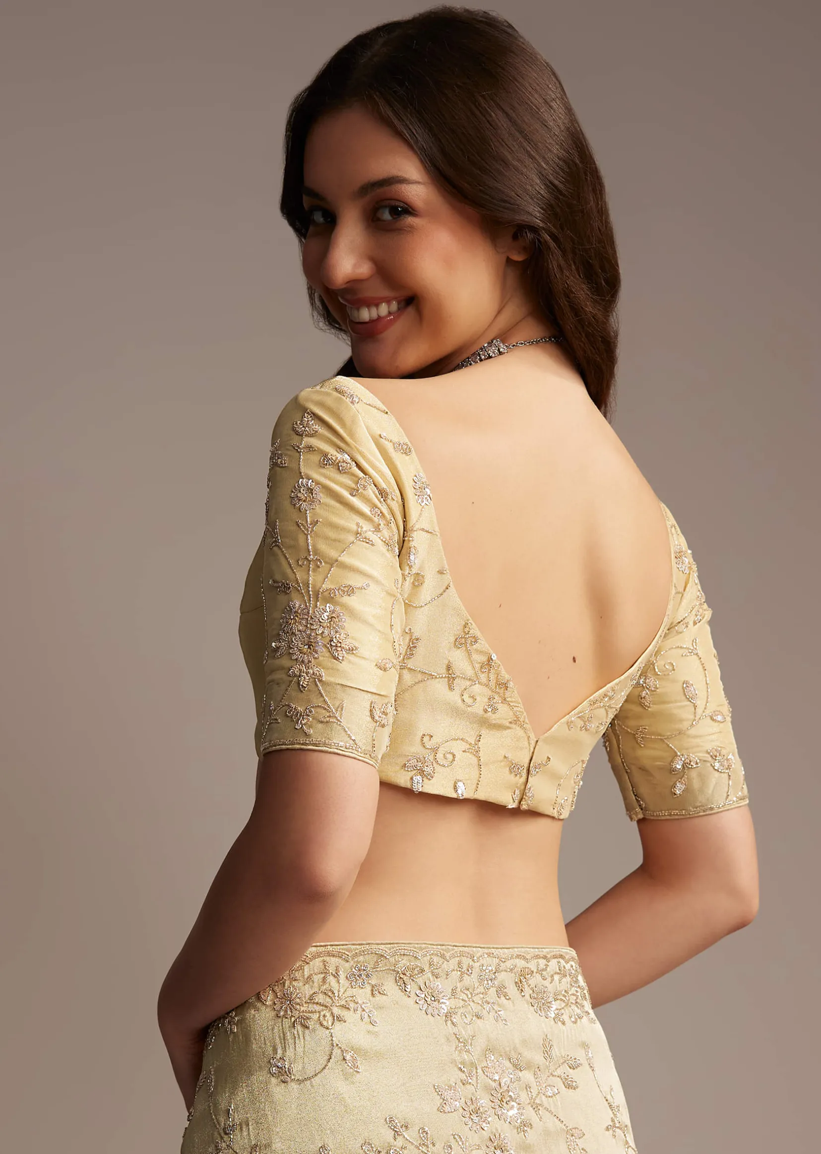 Beige Tissue Saree with Floral and Cutdana Embroidery