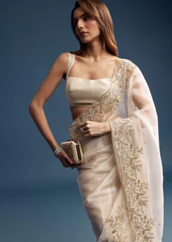 Beige Tissue Saree With Golden Floral Embroidery