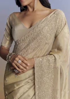 Beige Tissue Saree With Hand Embroidery With Cutdana And Sequins