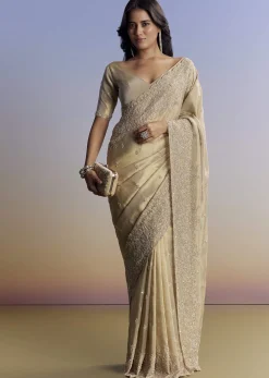 Beige Tissue Saree With Hand Embroidery With Cutdana And Sequins