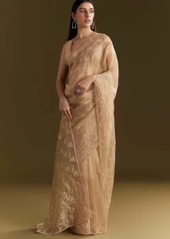 Beige Tissue Saree With Heavy Cutdana And Beads Embroidery