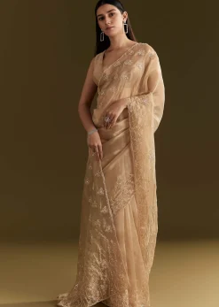 Beige Tissue Saree With Heavy Cutdana And Beads Embroidery