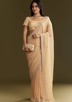 Beige Tissue Saree With Leaf Motif Embroidery In Sequins And Cutdana