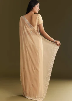 Beige Tissue Saree With Leaf Motif Embroidery In Sequins And Cutdana