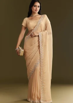 Beige Tissue Saree With Leaf Motif Embroidery In Sequins And Cutdana
