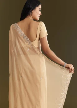 Beige Tissue Saree With Leaf Motif Embroidery In Sequins And Cutdana
