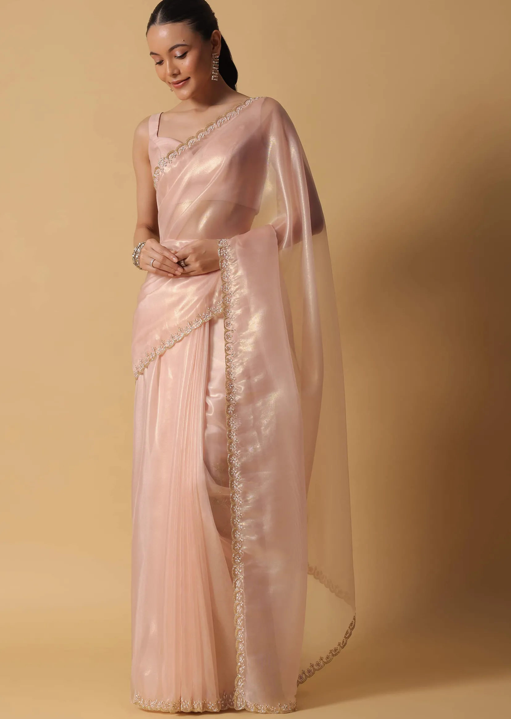 Beige Toned Foil Saree In Tissue With Cut Dana Embroidered Borders