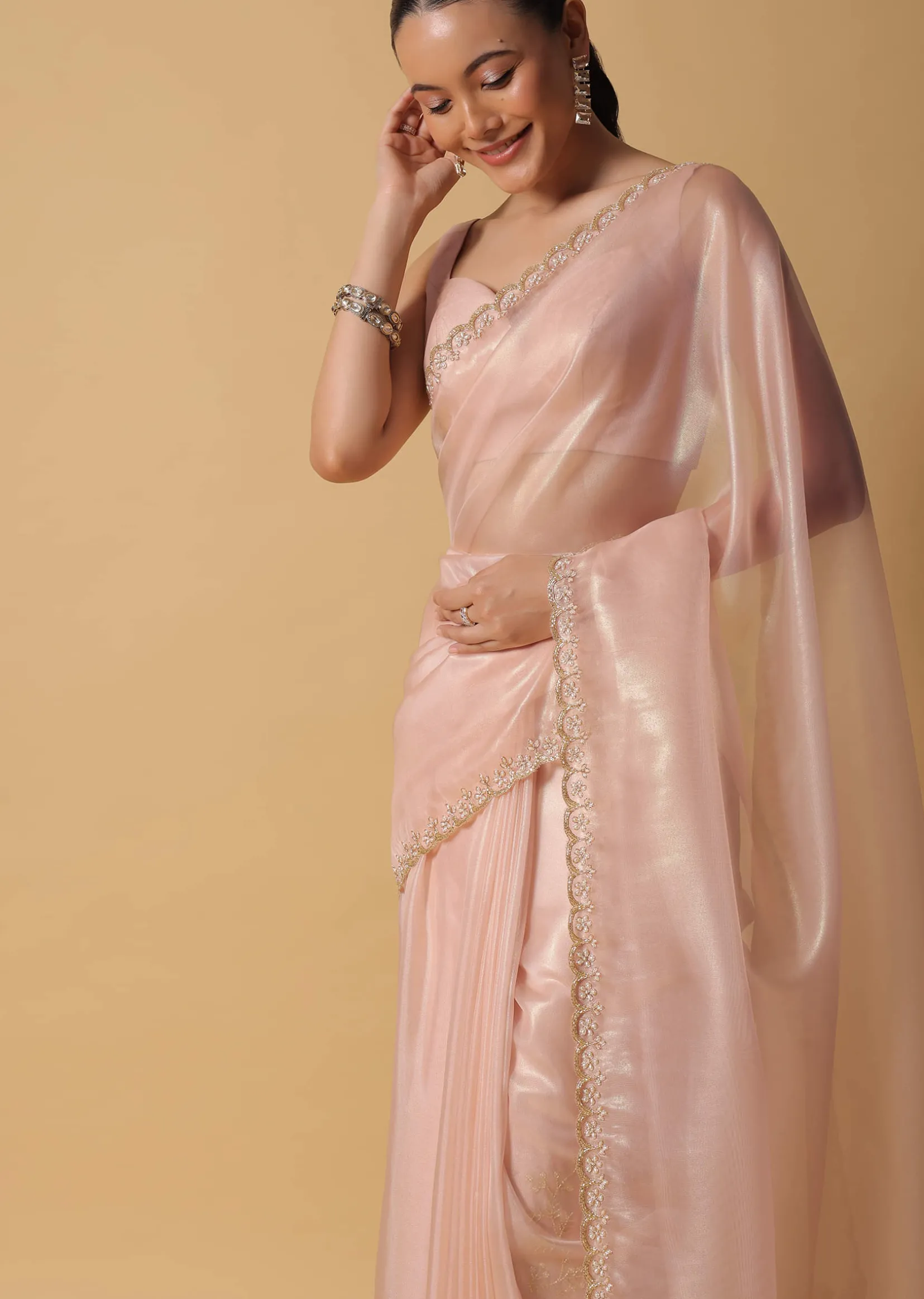 Beige Toned Foil Saree In Tissue With Cut Dana Embroidered Borders