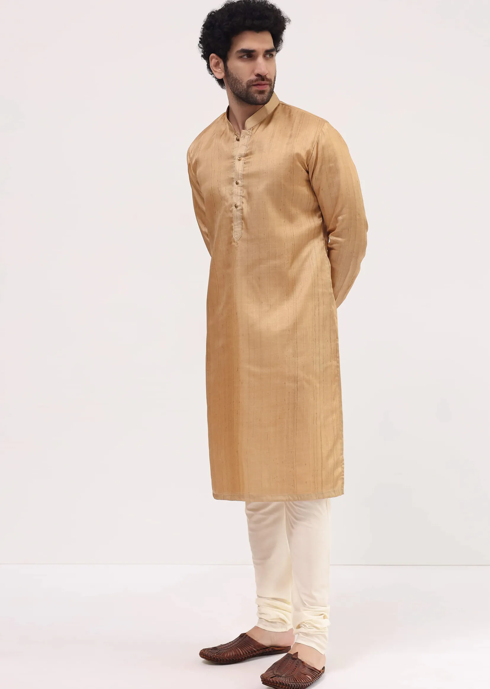 Beige Tussar Kurta Pyjama For Men