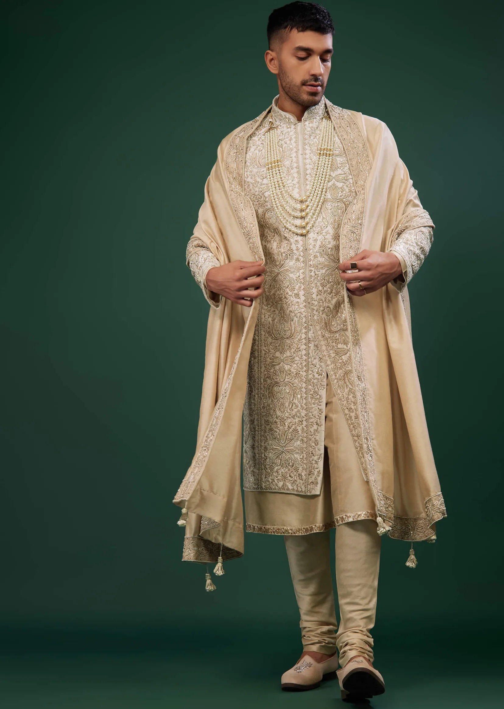 Beige White Embroidered Raw Silk Sherwani Set