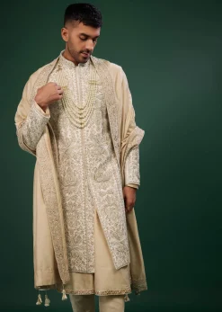Beige White Embroidered Raw Silk Sherwani Set