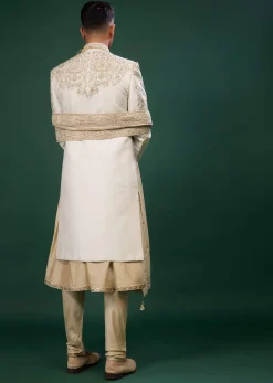 Beige White Embroidered Raw Silk Sherwani Set