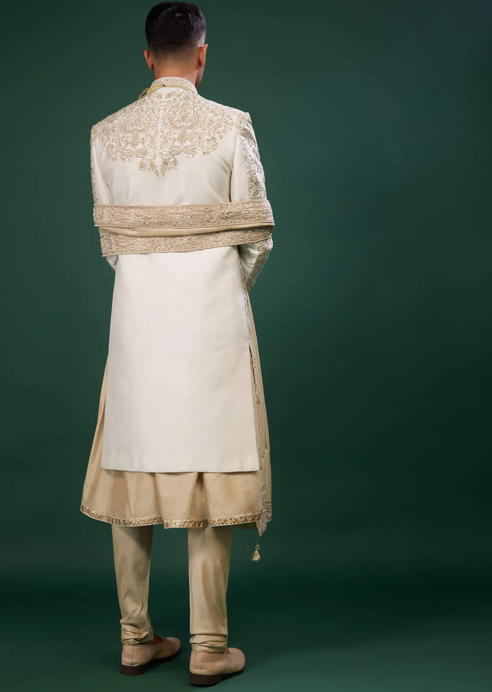 Beige White Embroidered Raw Silk Sherwani Set