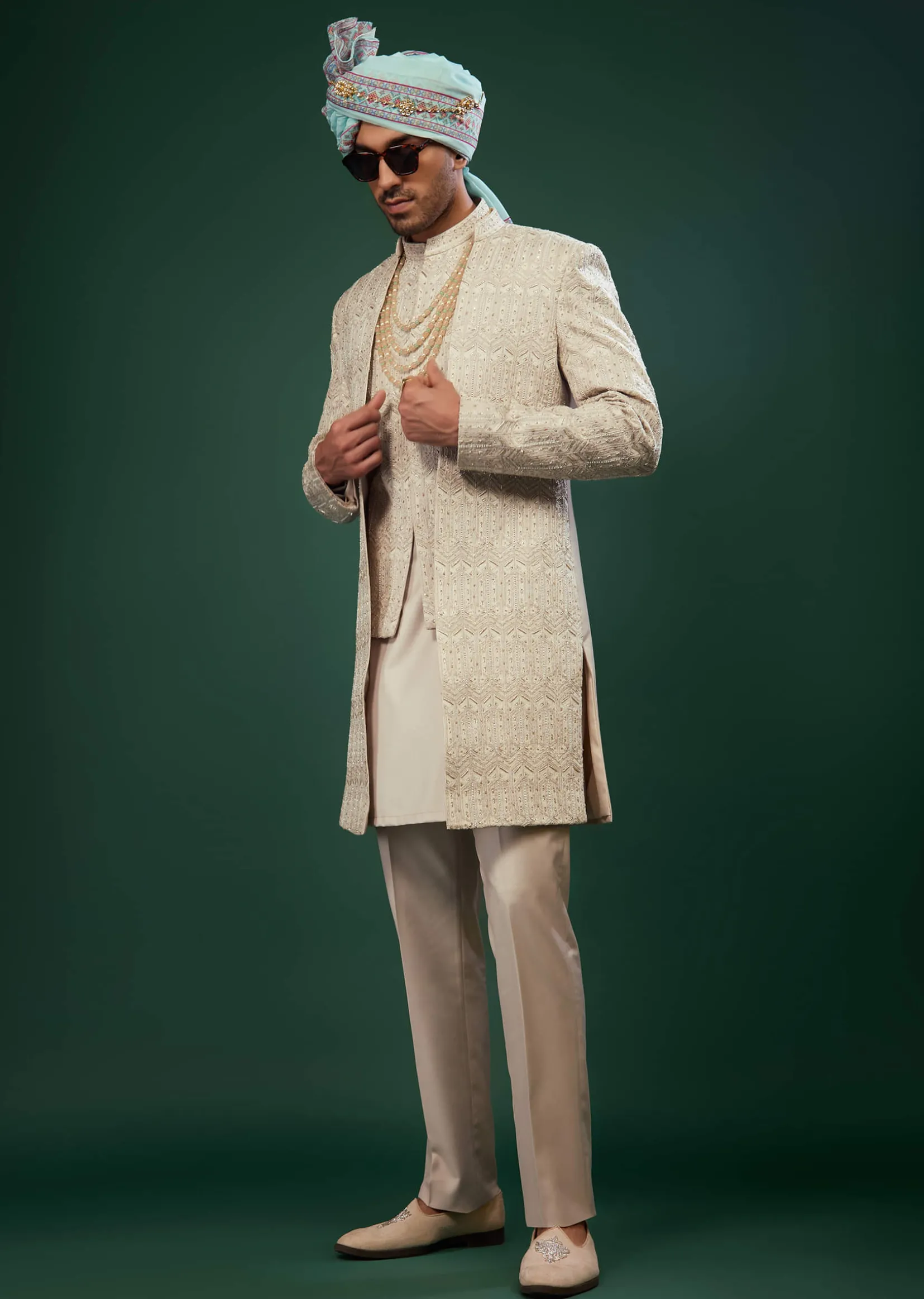 Beige White Embroidered Sherwani Set In Raw Silk