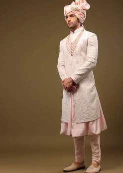 Beige White Silk Sherwani Set With Embroidery