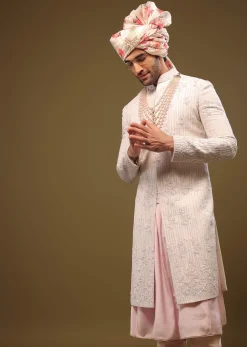 Beige White Silk Sherwani Set With Embroidery