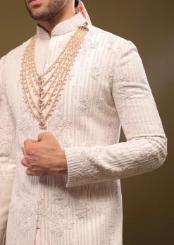 Beige White Silk Sherwani Set With Embroidery