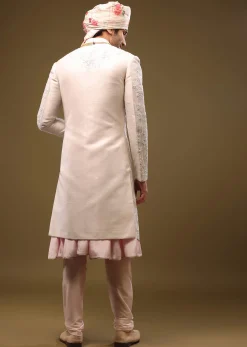 Beige White Silk Sherwani Set With Embroidery