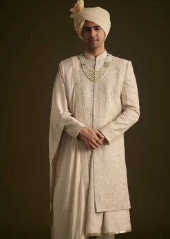 Beige Zardosi Embroidered Sherwani With Dupatta