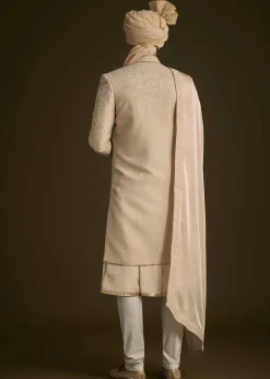Beige Zardosi Embroidered Sherwani With Dupatta