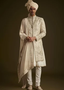 Beige Zardozi Embroidered Sherwani With Matching Dupatta