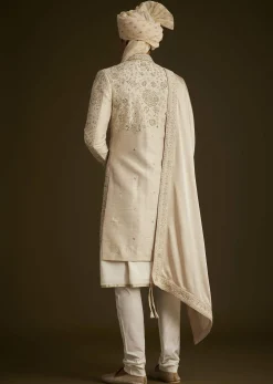 Beige Zardozi Embroidered Sherwani With Matching Dupatta