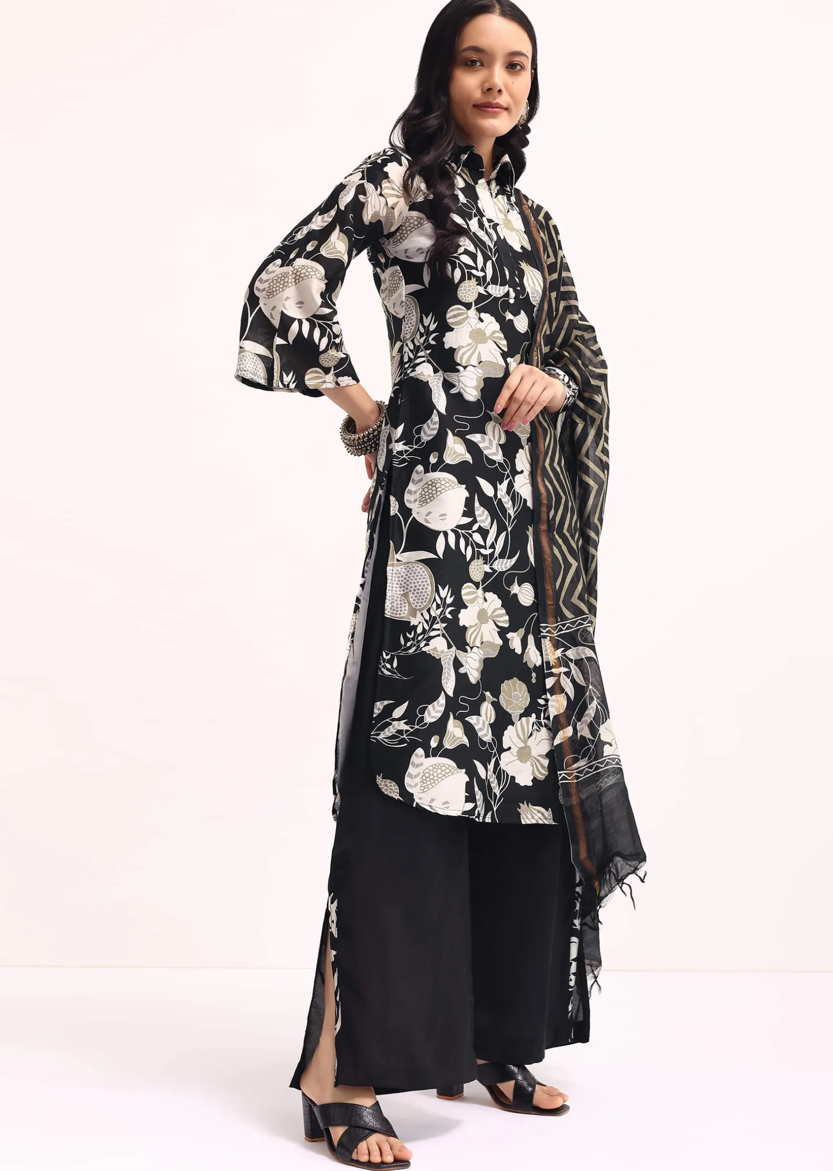 Black Abstract Printed Chanderi Kurta Palazzo Set