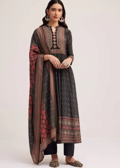 Black Ajrakh Printed Anarkali Set With Dupatta