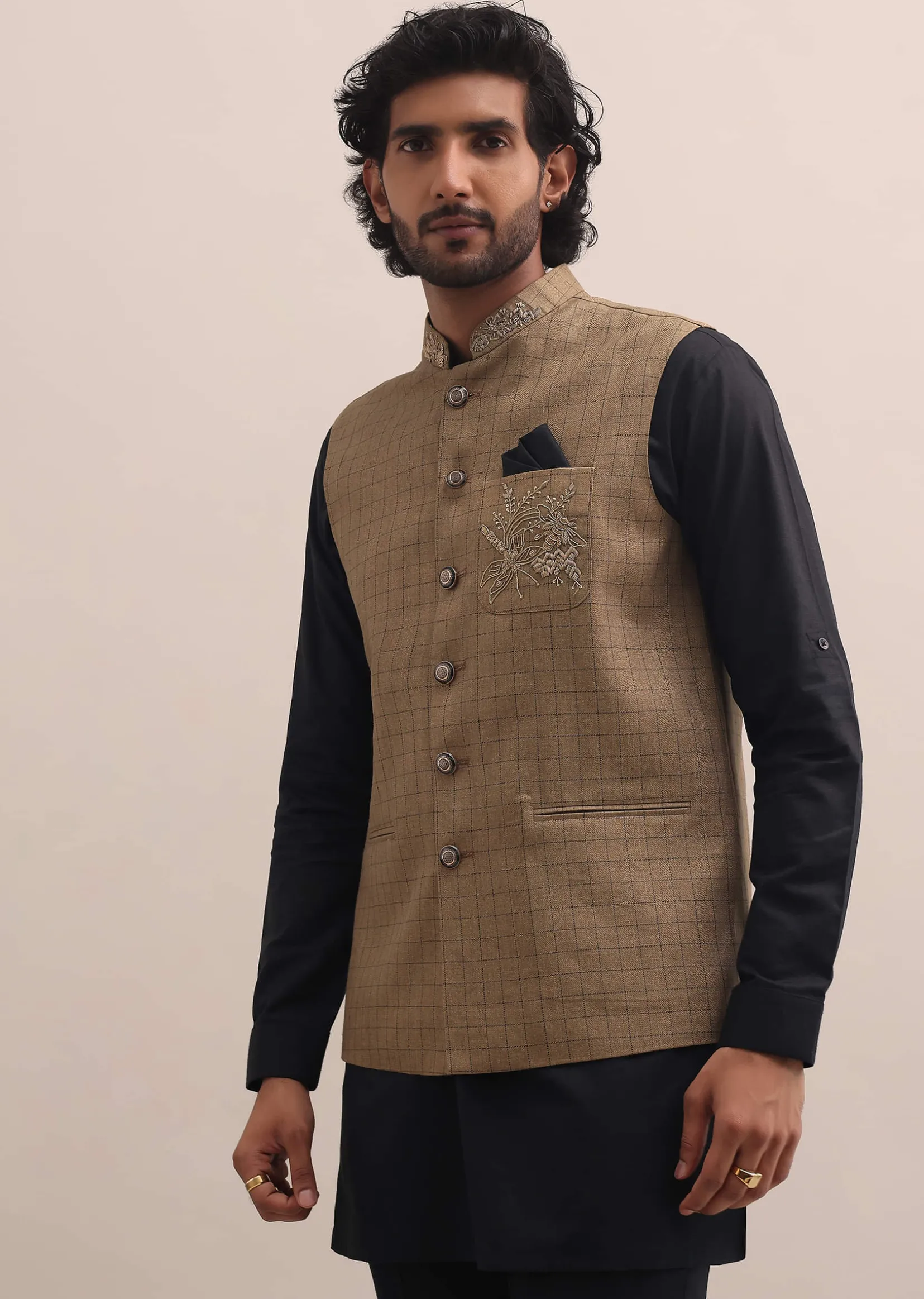 Black And Brown Embroidered Silk Kurta Jacket Set For Men