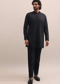 Black And Brown Embroidered Silk Kurta Jacket Set For Men