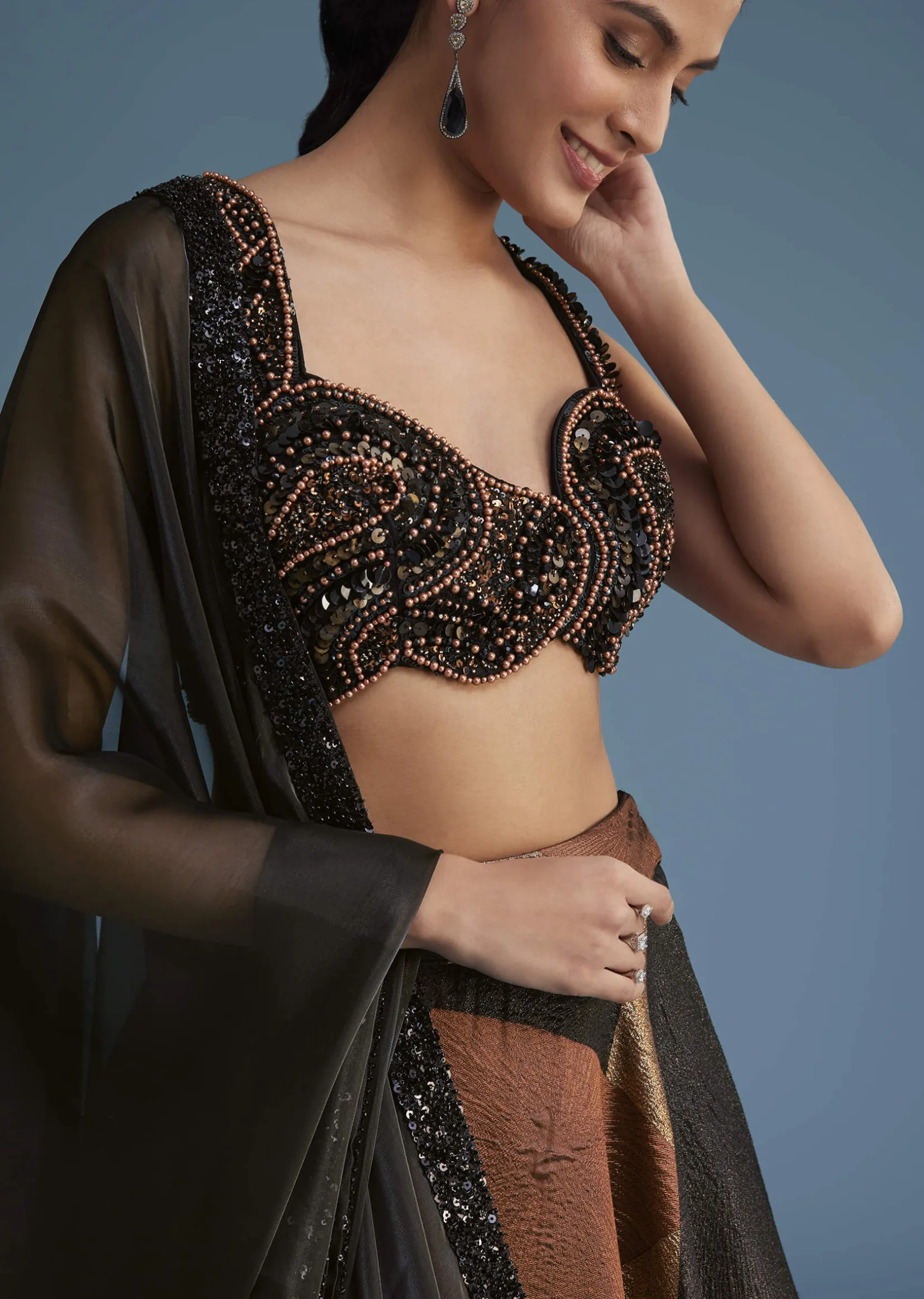 Black And Copper Lurex Glitter Lehenga Set With Fancy Choli