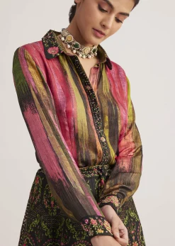 Black And Pink Silk Shirt And Skirt Set