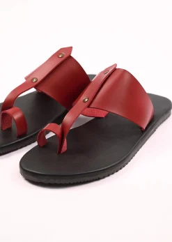 Black And Red Strappy Slides For Men In Leather With Buttons