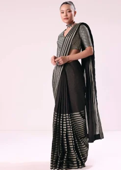 Black And Silver Half Striped Chanderi Saree And Stitched Blouse