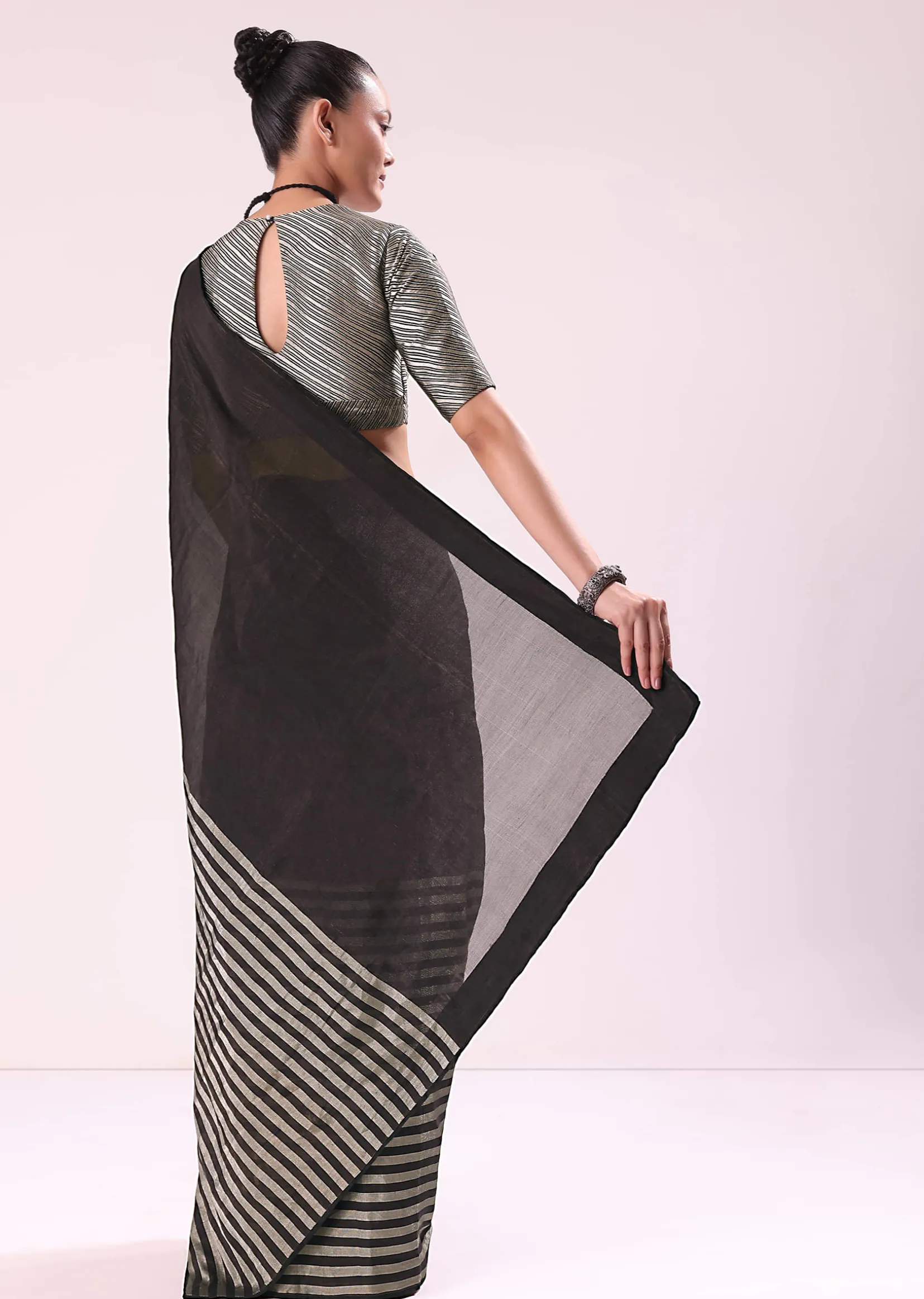 Black And Silver Half Striped Chanderi Saree And Stitched Blouse