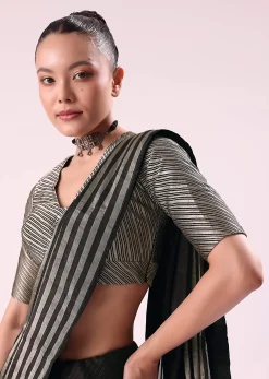 Black And Silver Half Striped Chanderi Saree And Stitched Blouse