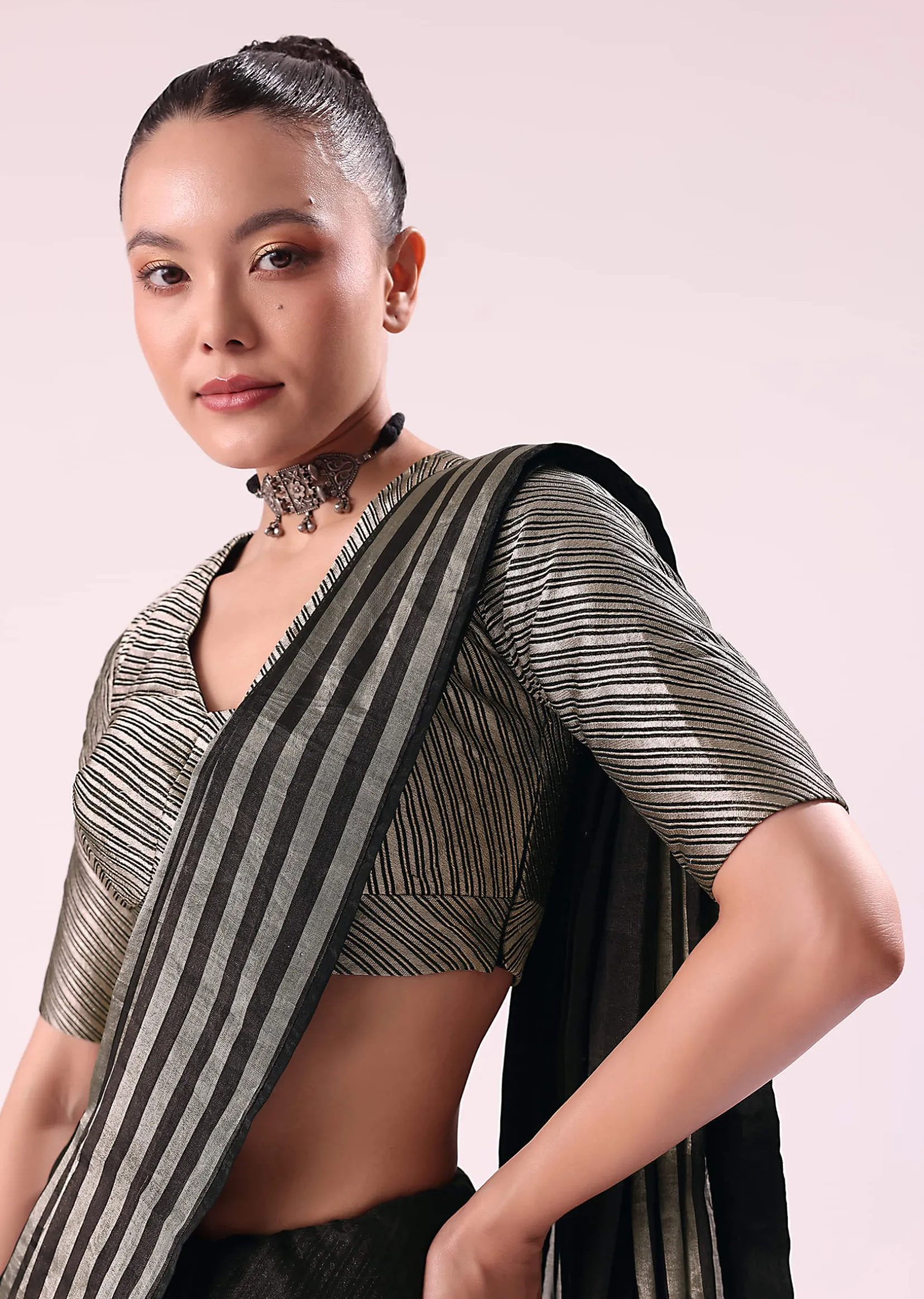 Black And Silver Half Striped Chanderi Saree And Stitched Blouse