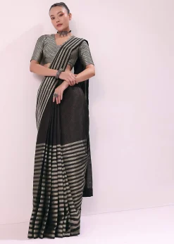Black And Silver Half Striped Chanderi Saree And Stitched Blouse