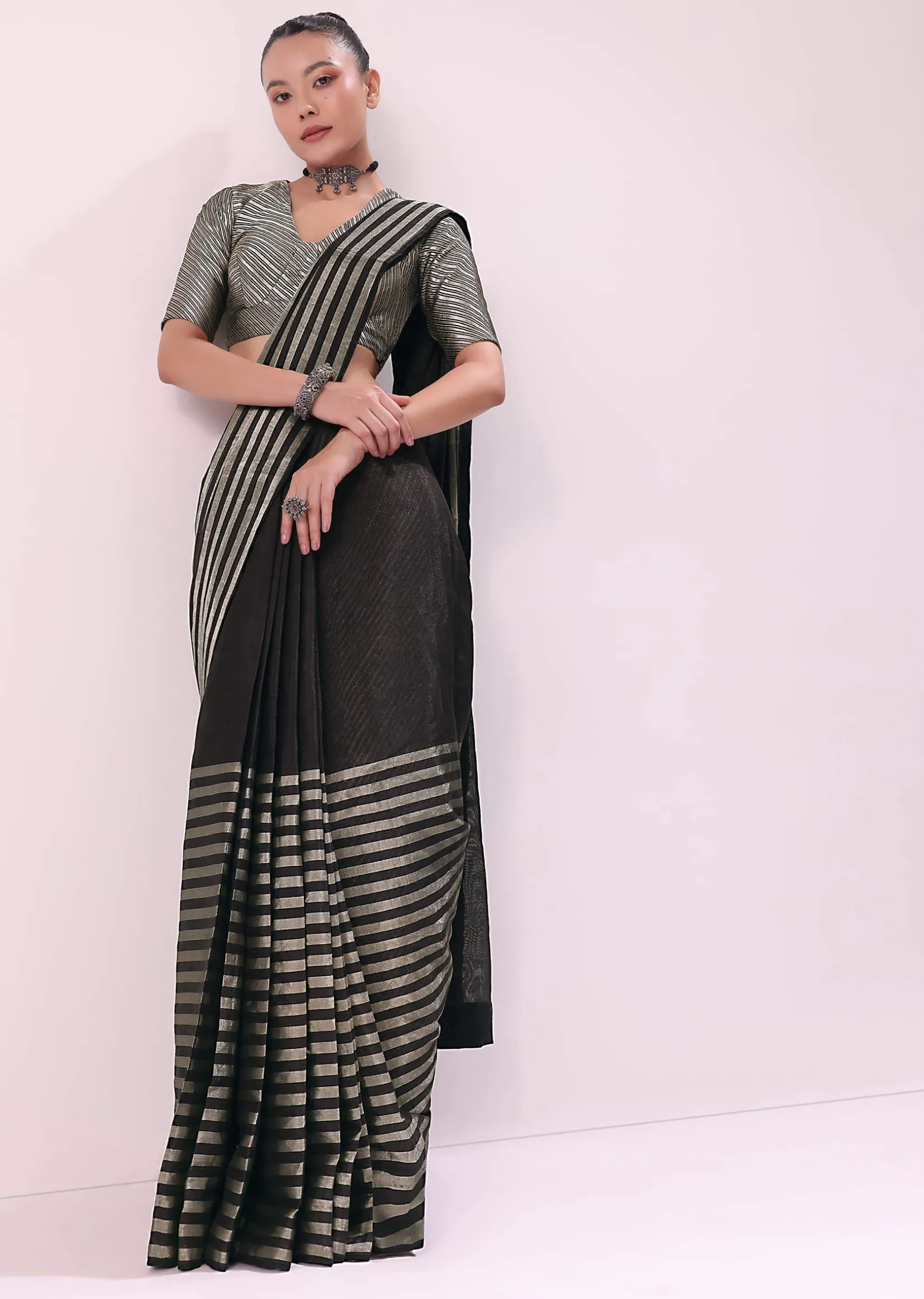 Black And Silver Half Striped Chanderi Saree And Stitched Blouse