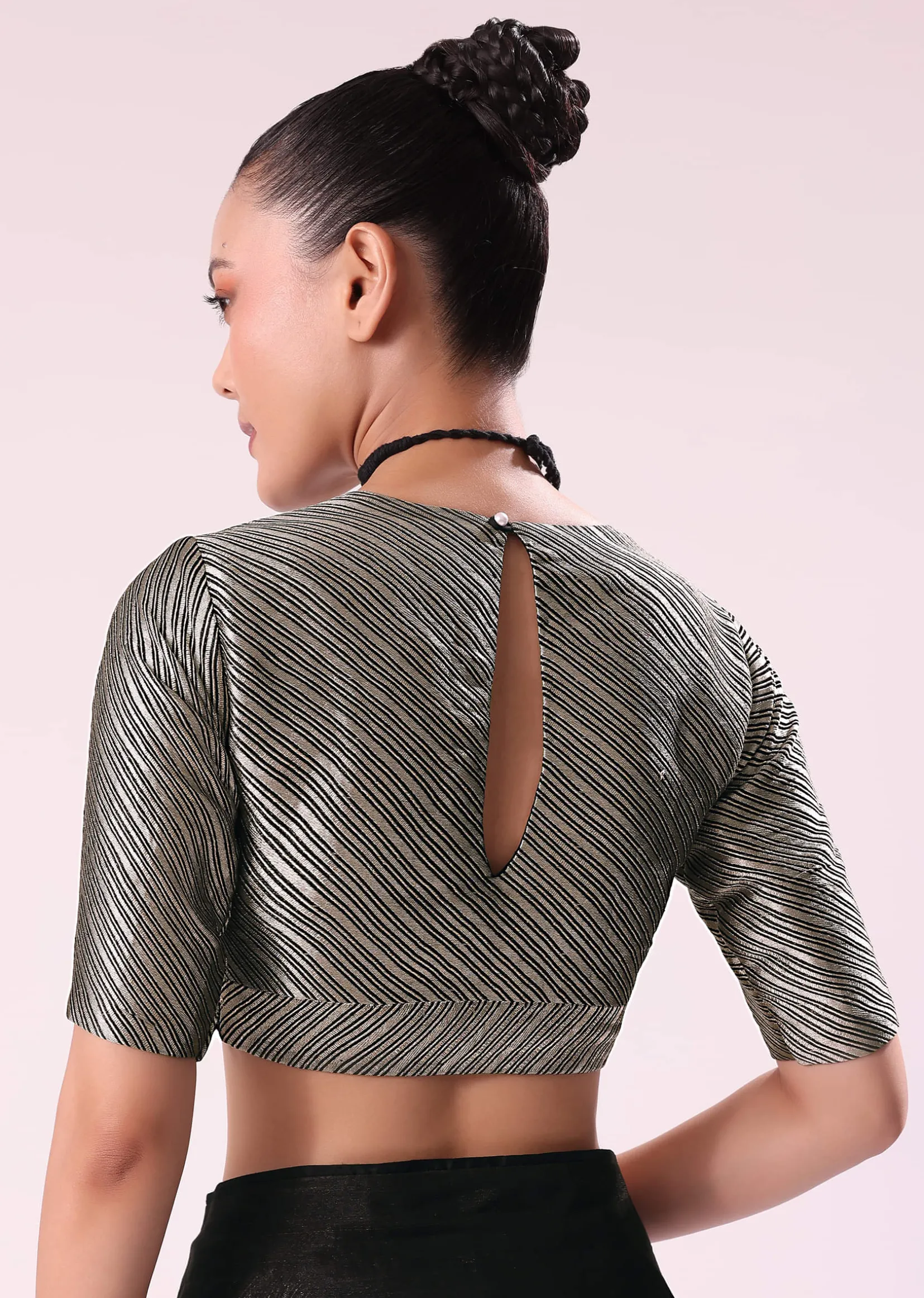 Black And Silver Half Striped Chanderi Saree And Stitched Blouse