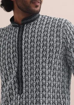 Black And White Lucknowi Cotton Kurta Set For Men